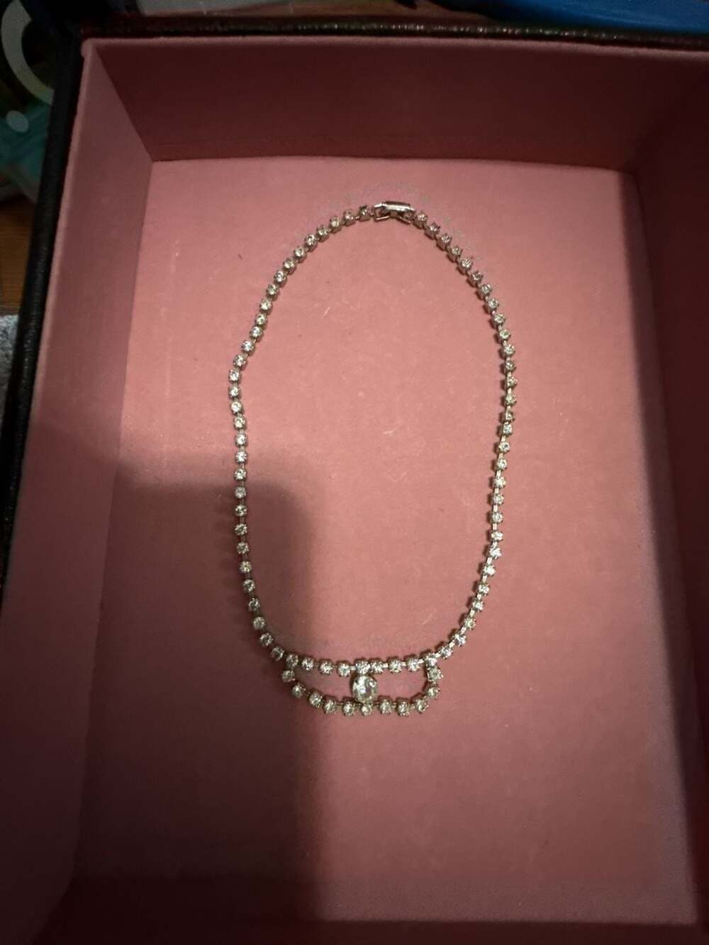 Vintage Rhinestone Tennis Necklace Silver Tone